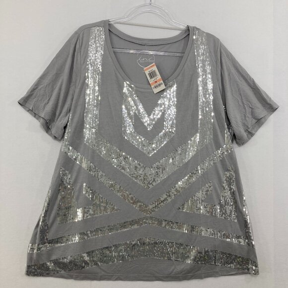 New INC International Concepts size 2X Gray Sequins Stretch Knit Top Festival - Picture 1 of 8
